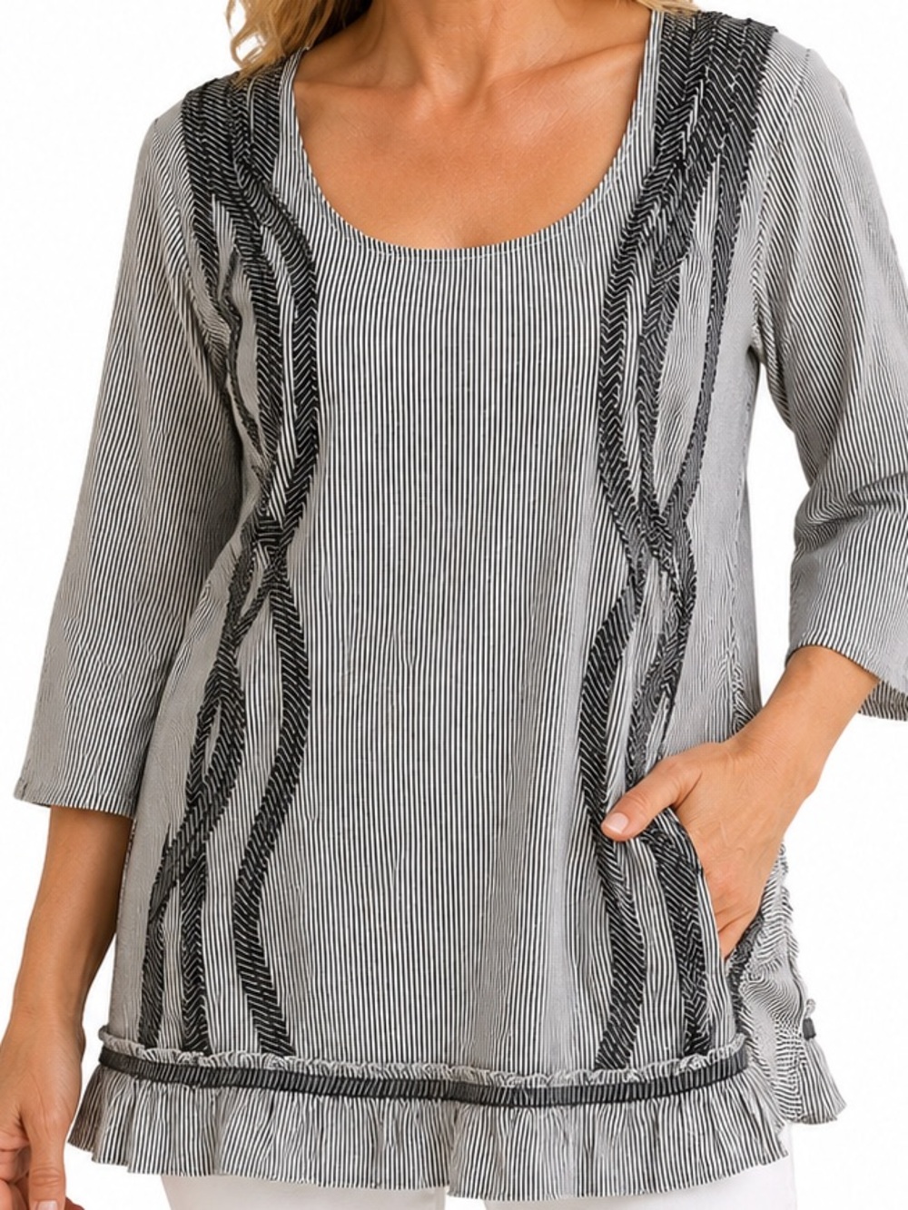 Tulip Grey/White Cotton Ticking Striped 3/4 Sleeve Scoop Neck Appliqué Blouse S